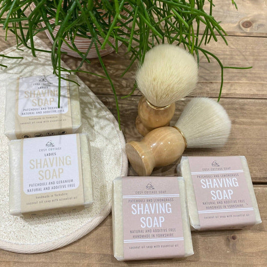 Coconut Oil-Based Natural Shaving Soaps in geranium and patchouli or lemongrass and patchouli