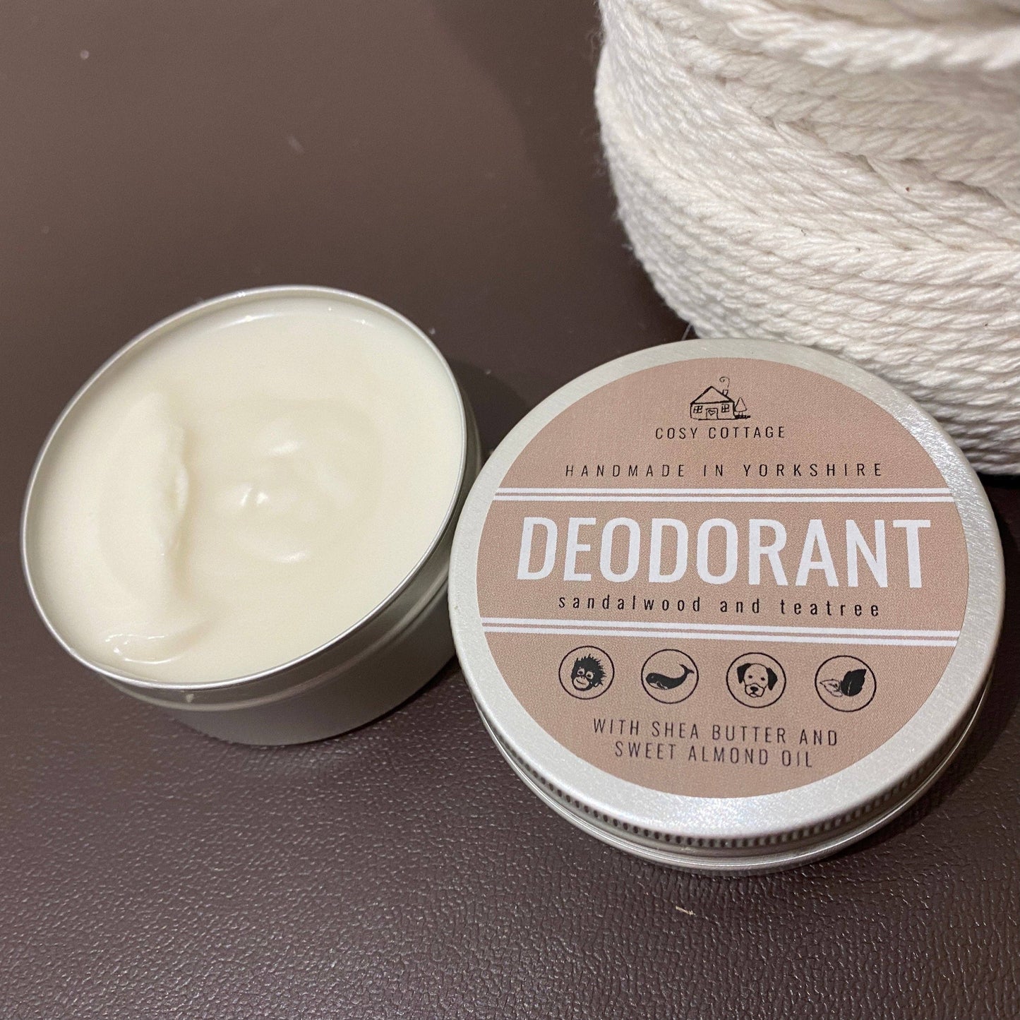 Natural Deodorant With Sandalwood & Tea Tree Essential Oils lid open
