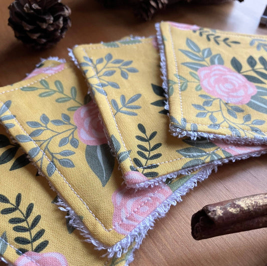 Reusable, eco-friendly, Face Wipes, Yellow Floral Patterned Square Handmade close up