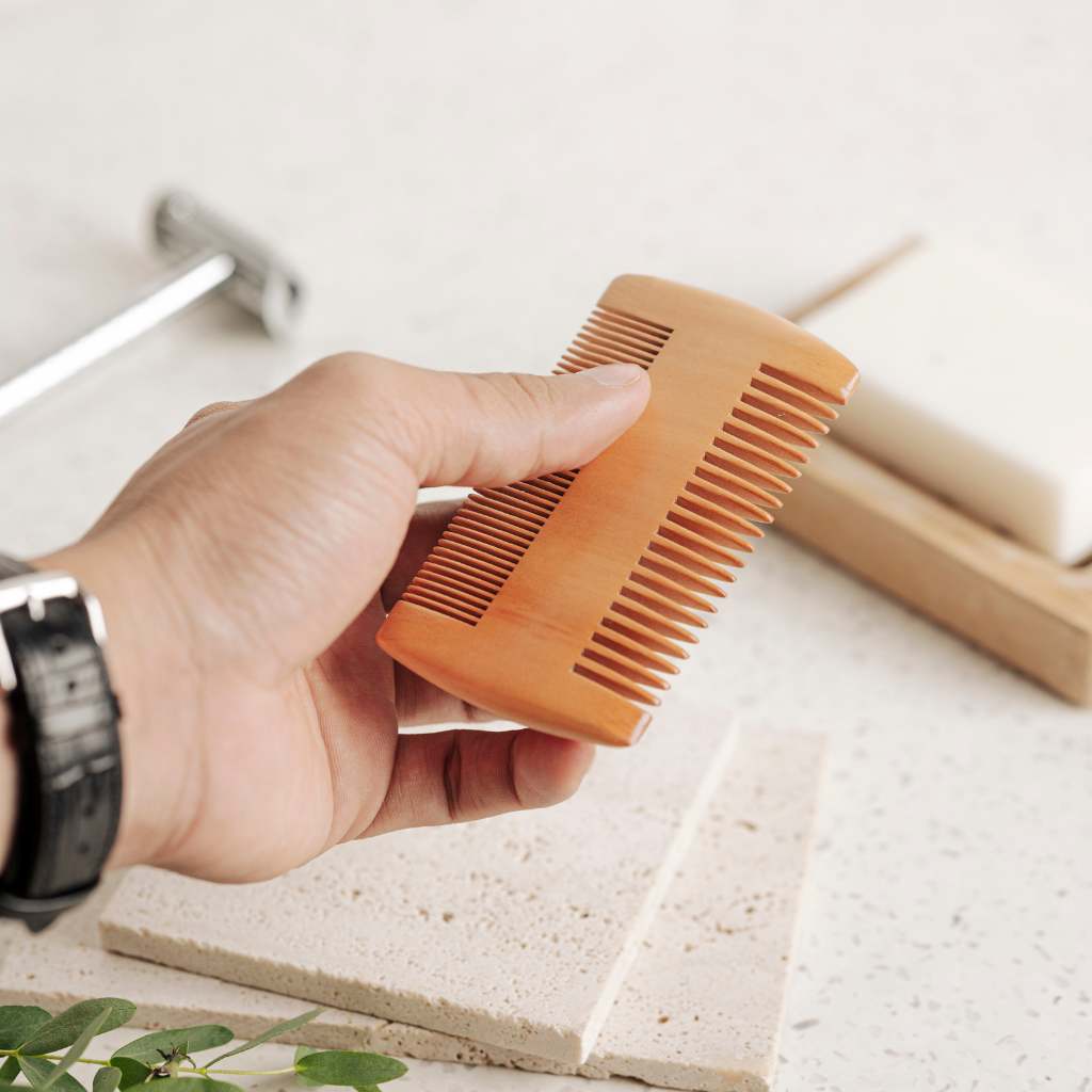 Wooden Beard Comb in Faux Leather Pouch