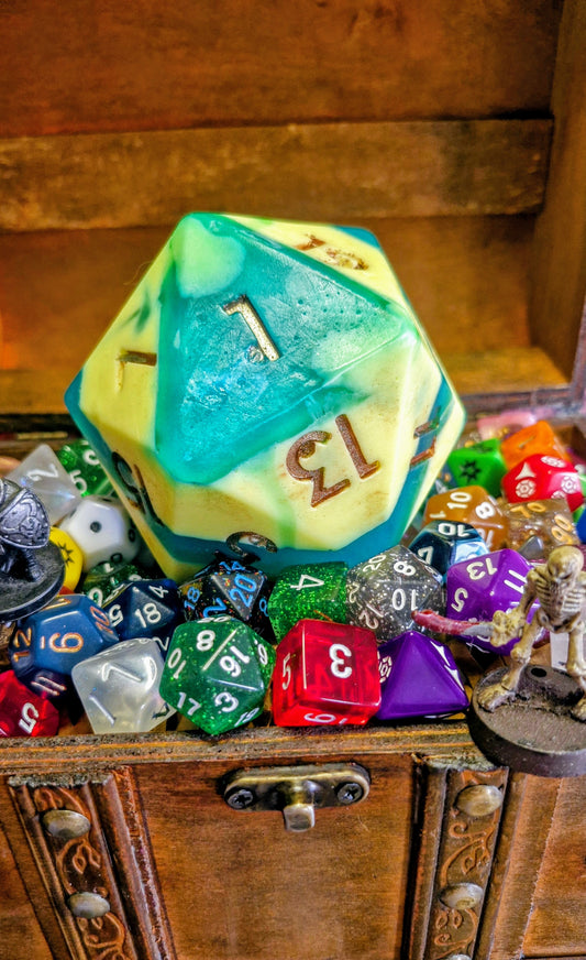 Handmade D20 soap dice in Outrider Games yellow and blue colours, scented with sea salt and sage, displayed on wood with a natural fantasy theme – exclusive collaboration between The Druid’s Grove and Outrider Games Lichfield
D20 epic fail 1 role