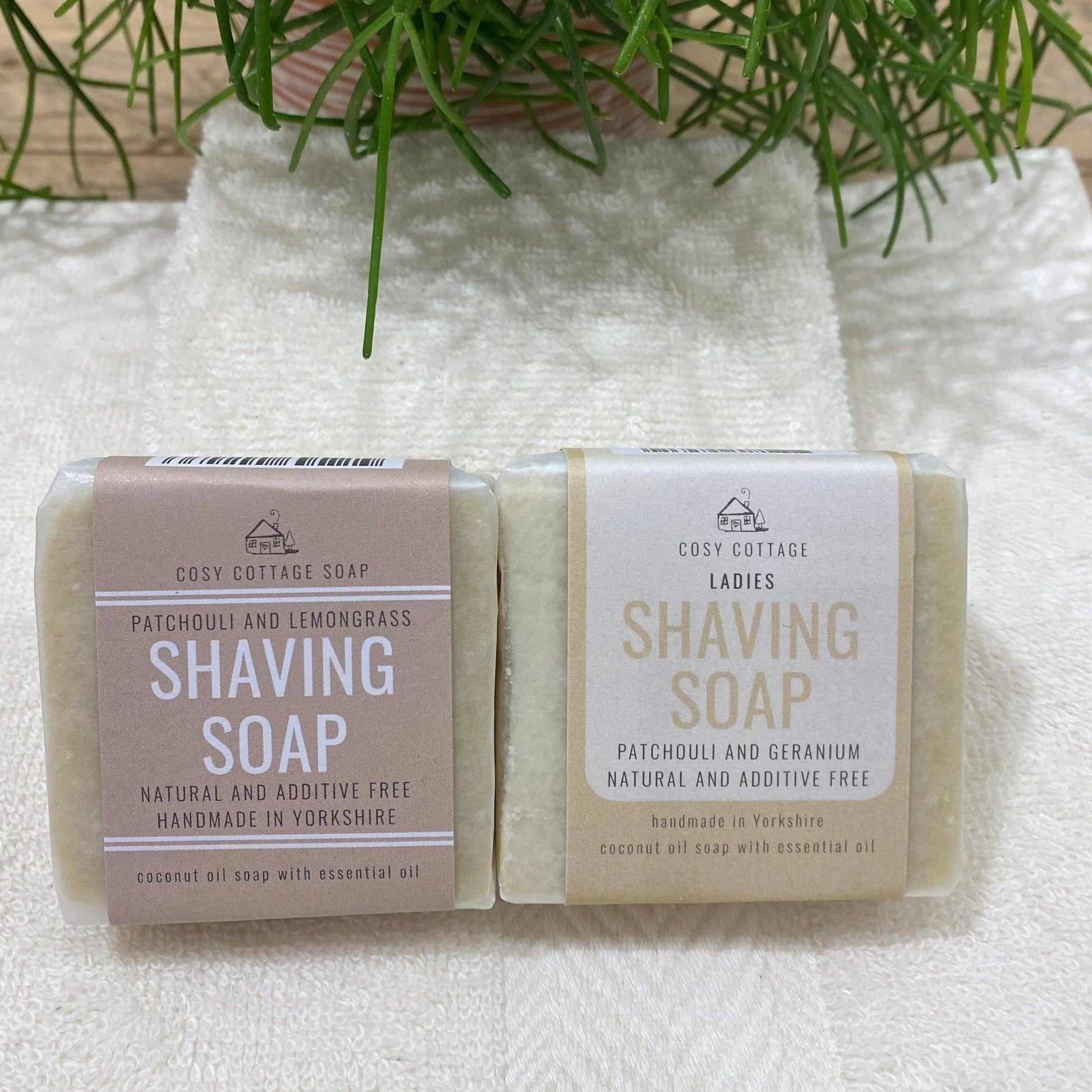 Coconut Oil-Based Natural Shaving Soap bars in geranium and patchouli or lemongrass and patchouli