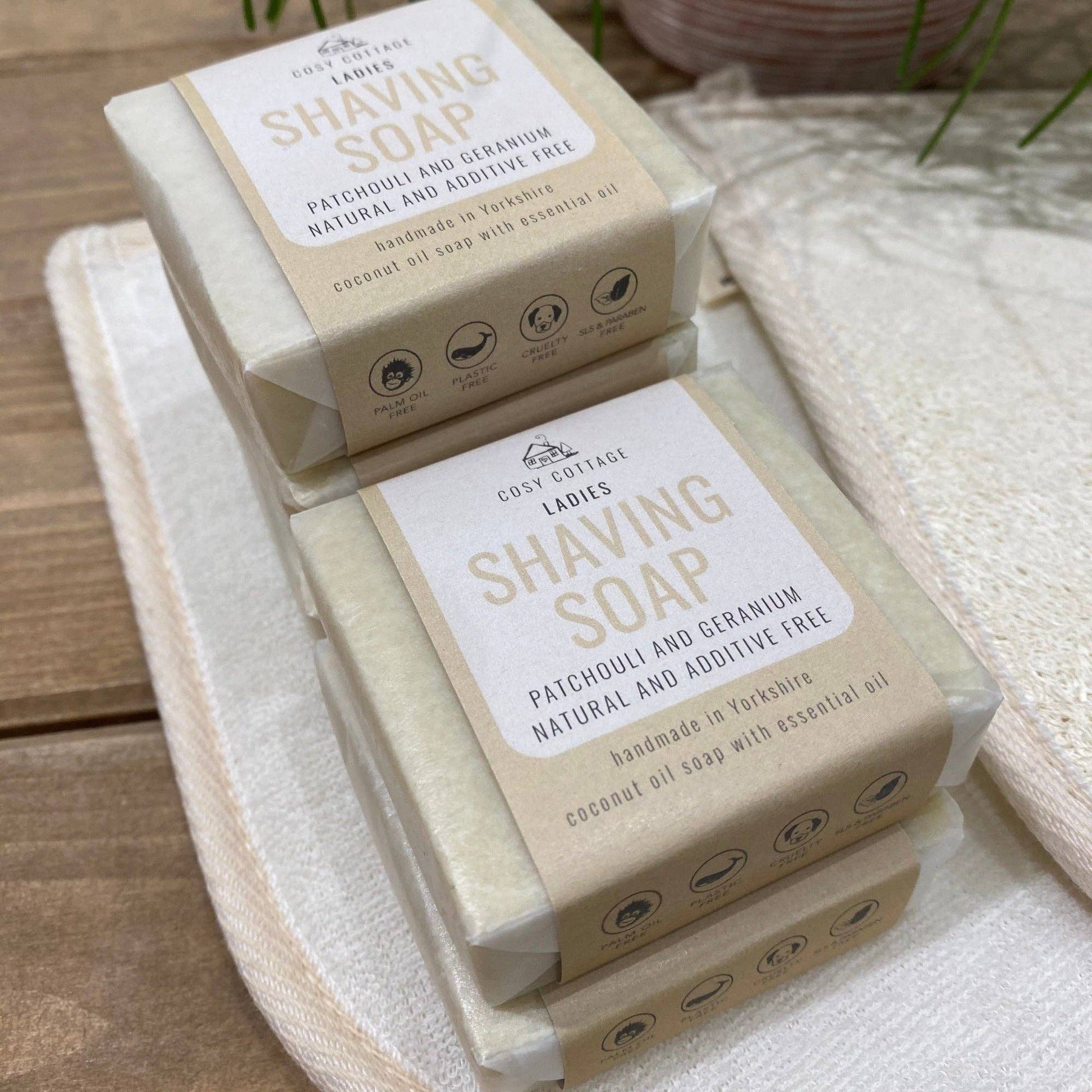 Coconut Oil-Based Natural Shaving Soaps in geranium and patchouli