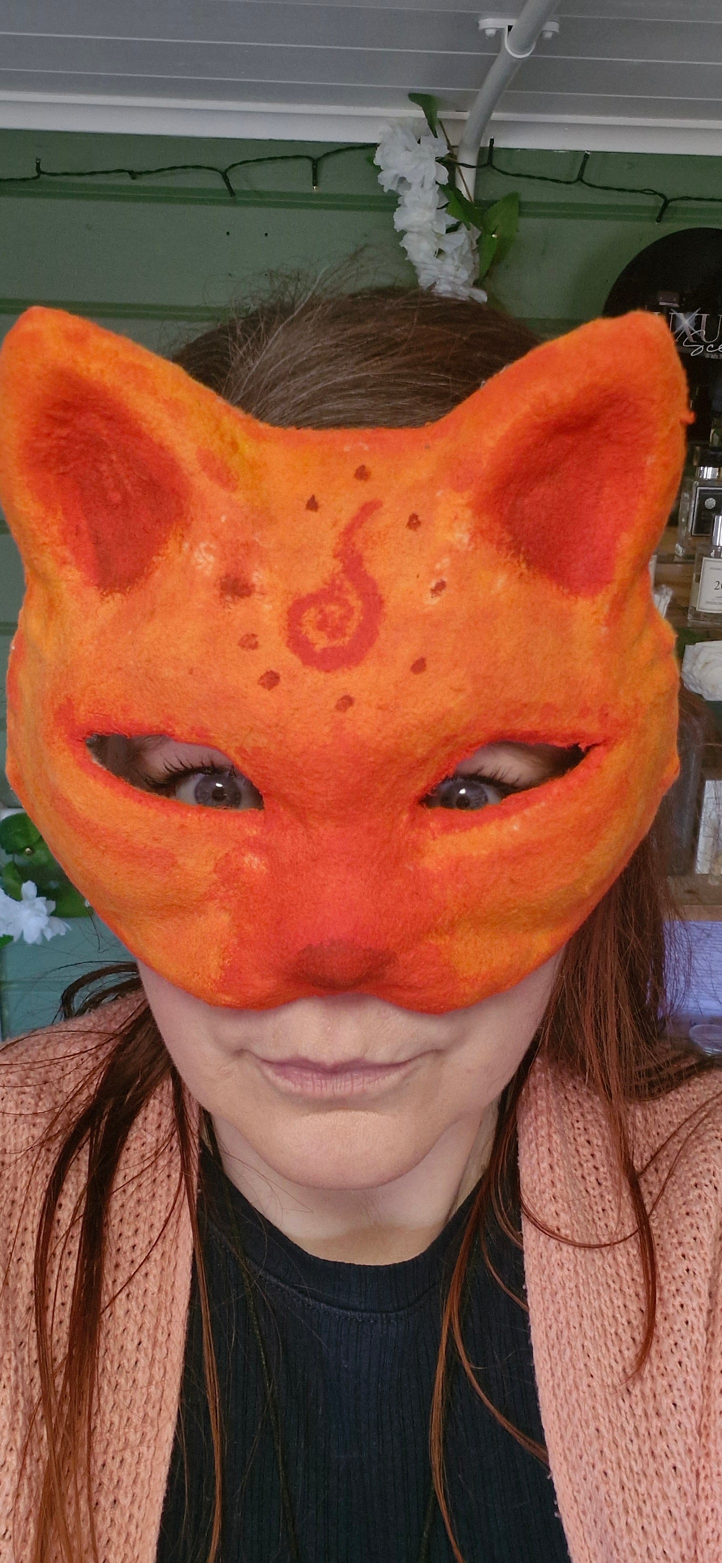 Handcrafted Mystical Fire Cat Mask on a face - Druid Scales