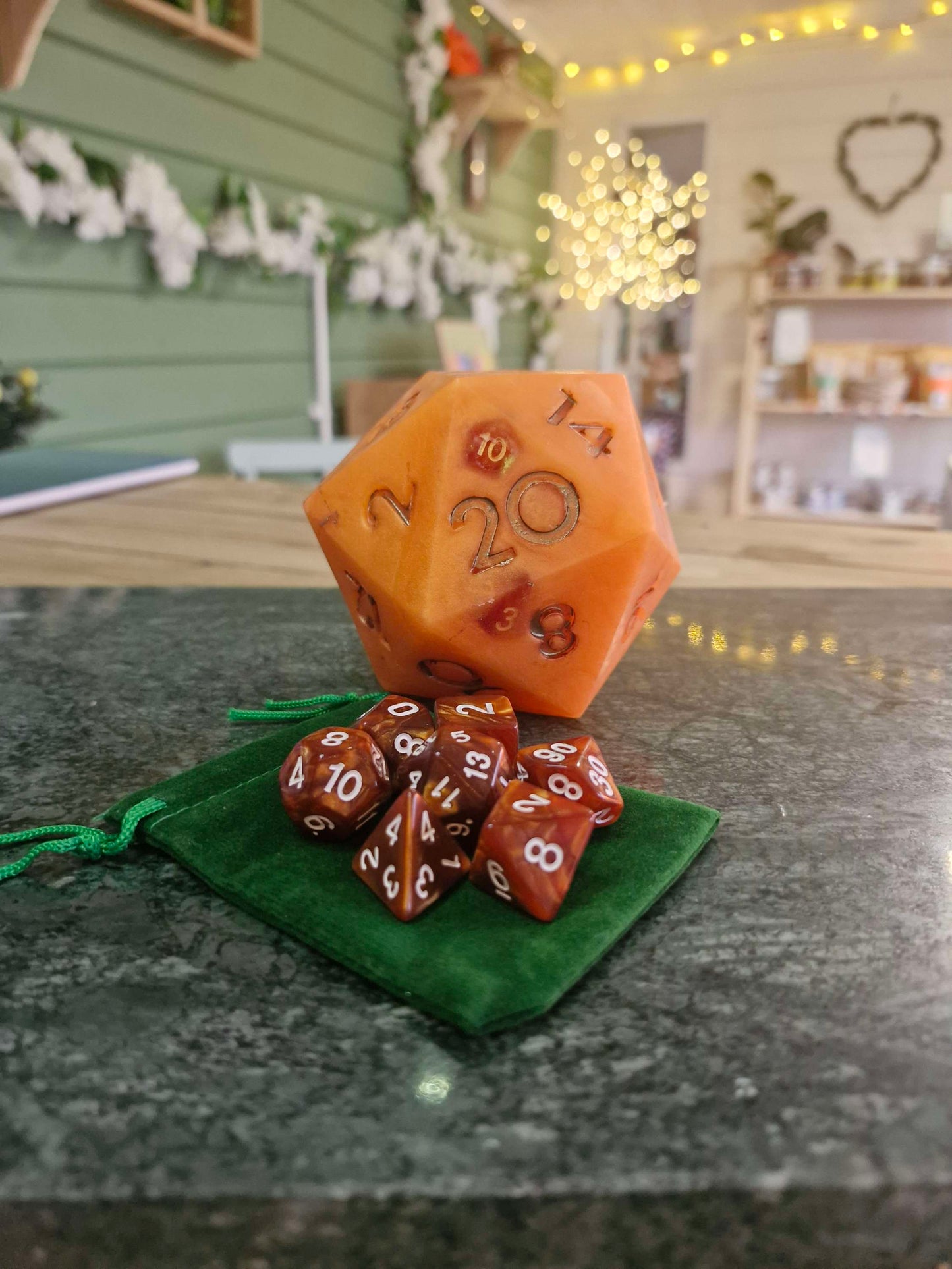 Handcrafted Natural D20 Dice Soap orange dungeons and dragons gift idea dice set with 7 piece dice set for gamers, nerds, table top gamer fans, RPG