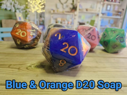 Handcrafted Natural D20 Dice shaped Soap with a full set of RPG Dice inside!! – A Critical Hit for RPG Fans! Blue and Orange