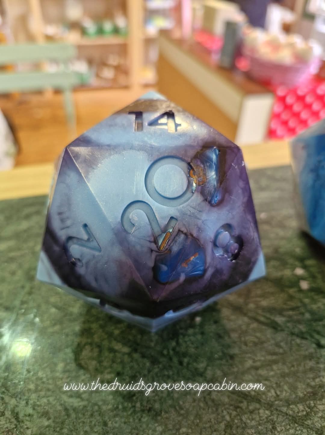 Handcrafted Natural D20 Dice shaped Soap with a full set of RPG Dice inside!! – A Critical Hit for RPG Fans! Colours Available Marble Effect