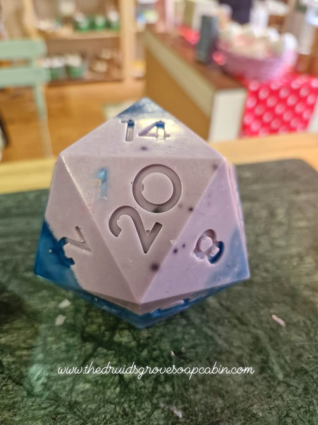 Handcrafted Natural D20 Dice shaped Soap with a full set of RPG Dice inside!! – A Critical Hit for RPG Fans! Colours Available Marble Effect Teal and Grey