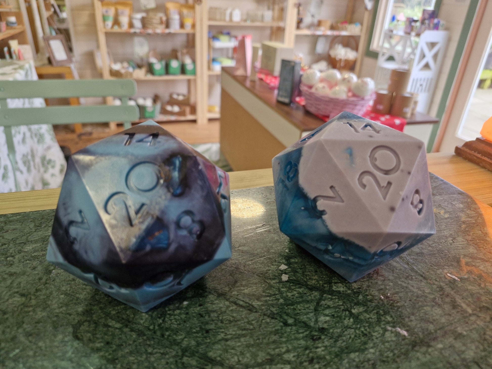 Handcrafted Natural D20 Dice shaped Soap with a full set of RPG Dice inside!! – A Critical Hit for RPG Fans! Colours Available Marble Effect Teal and Grey Duo