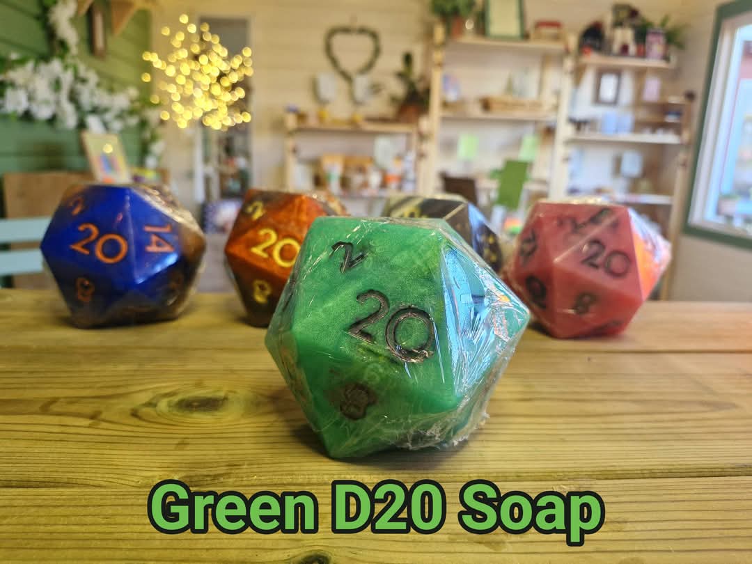 Handcrafted Natural D20 Dice shaped Soap with a full set of RPG Dice inside!! – A Critical Hit for RPG Fans! Green