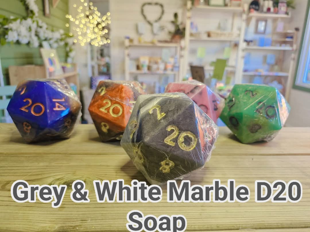 Handcrafted Natural D20 Dice shaped Soap with a full set of RPG Dice inside!! – A Critical Hit for RPG Fans! Grey and white