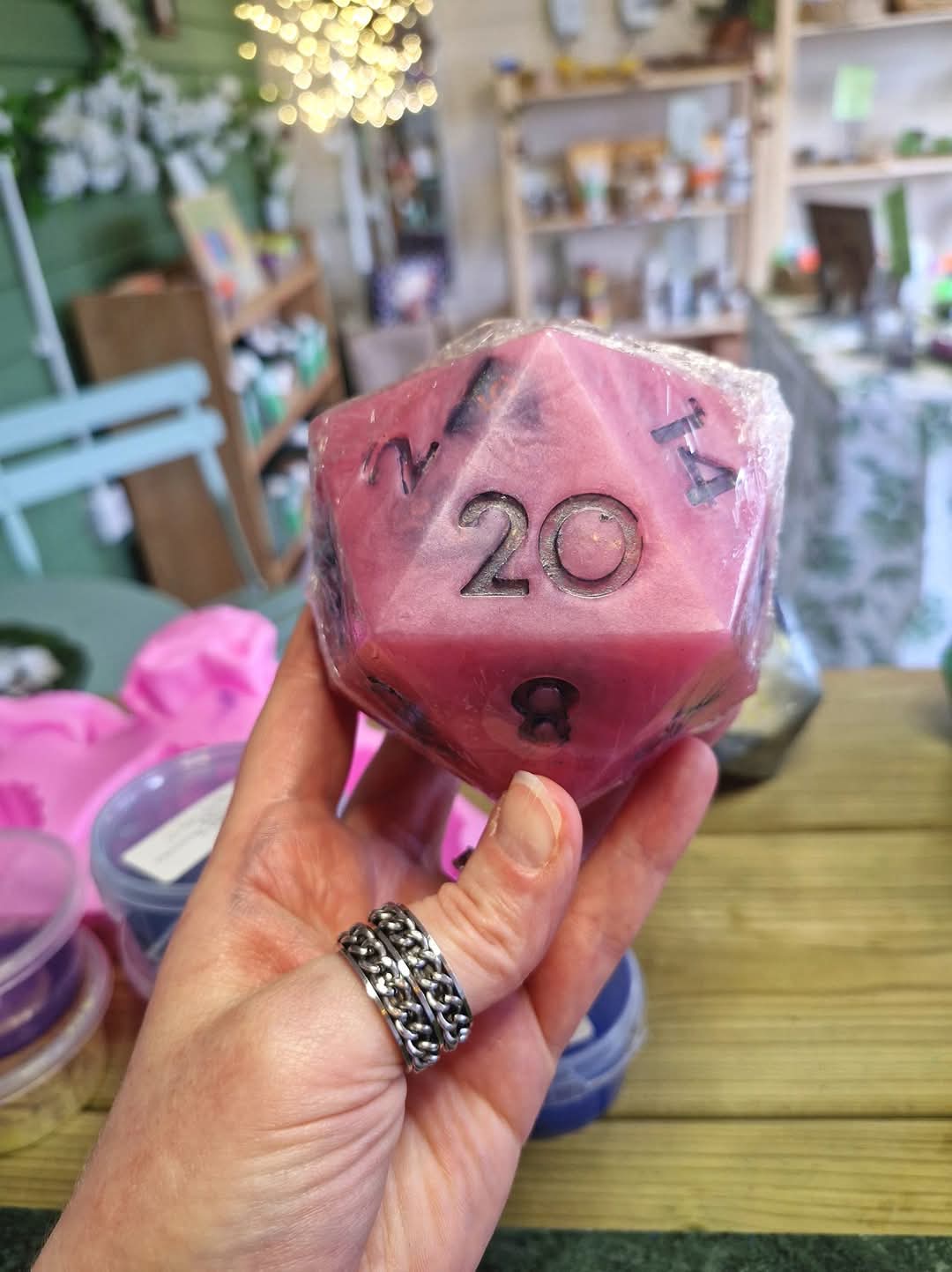 Handcrafted Natural D20 Dice shaped Soap with a full set of RPG Dice inside!! – A Critical Hit for RPG Fans! Pink