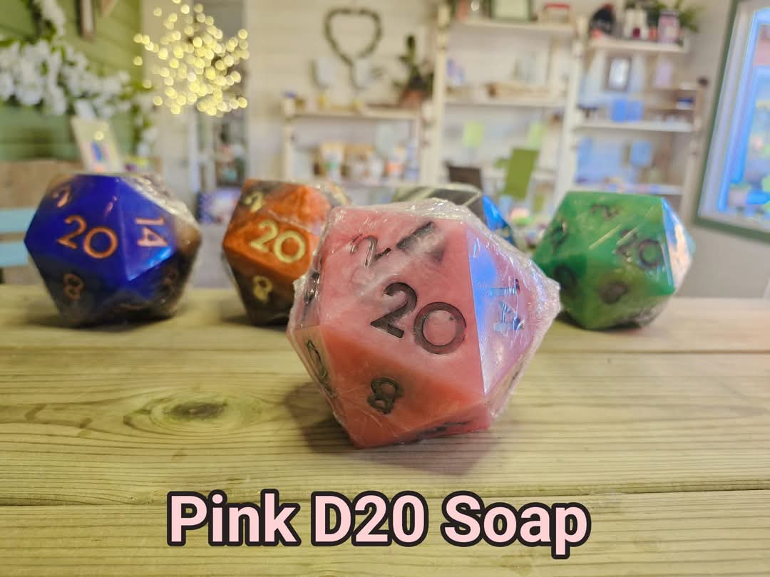 Handcrafted Natural D20 Dice shaped Soap with a full set of RPG Dice inside!! – A Critical Hit for RPG Fans! Pink & grey