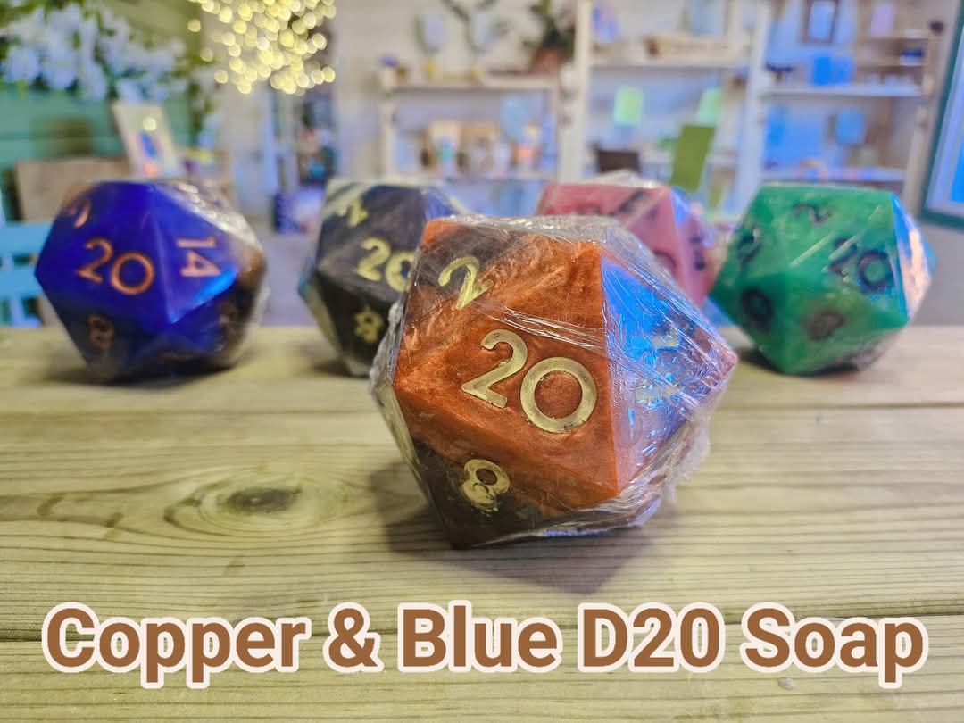 Handcrafted Natural D20 Dice shaped Soap with a full set of RPG Dice inside!! – A Critical Hit for RPG Fans! copper and Blue