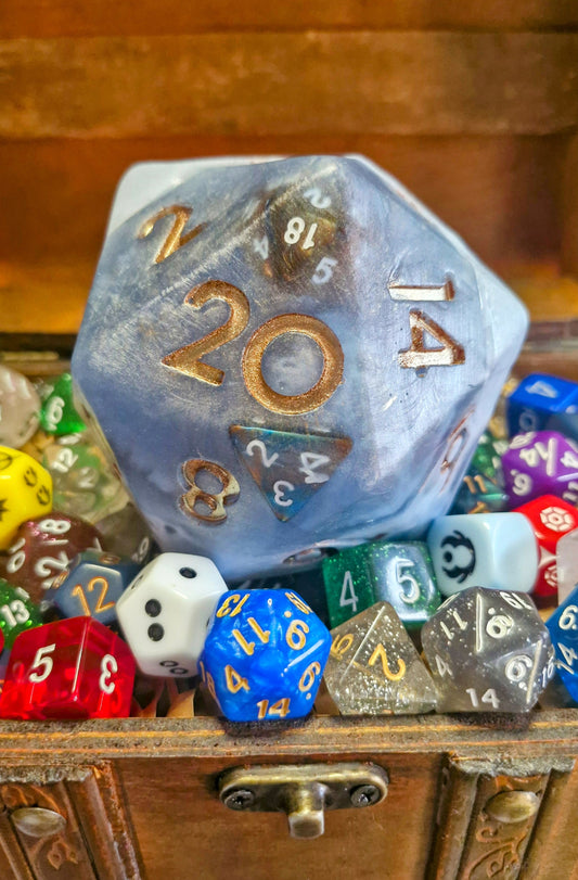 Handcrafted grey D20 soap bar with stormy two-tone colours, inspired by a knight character
