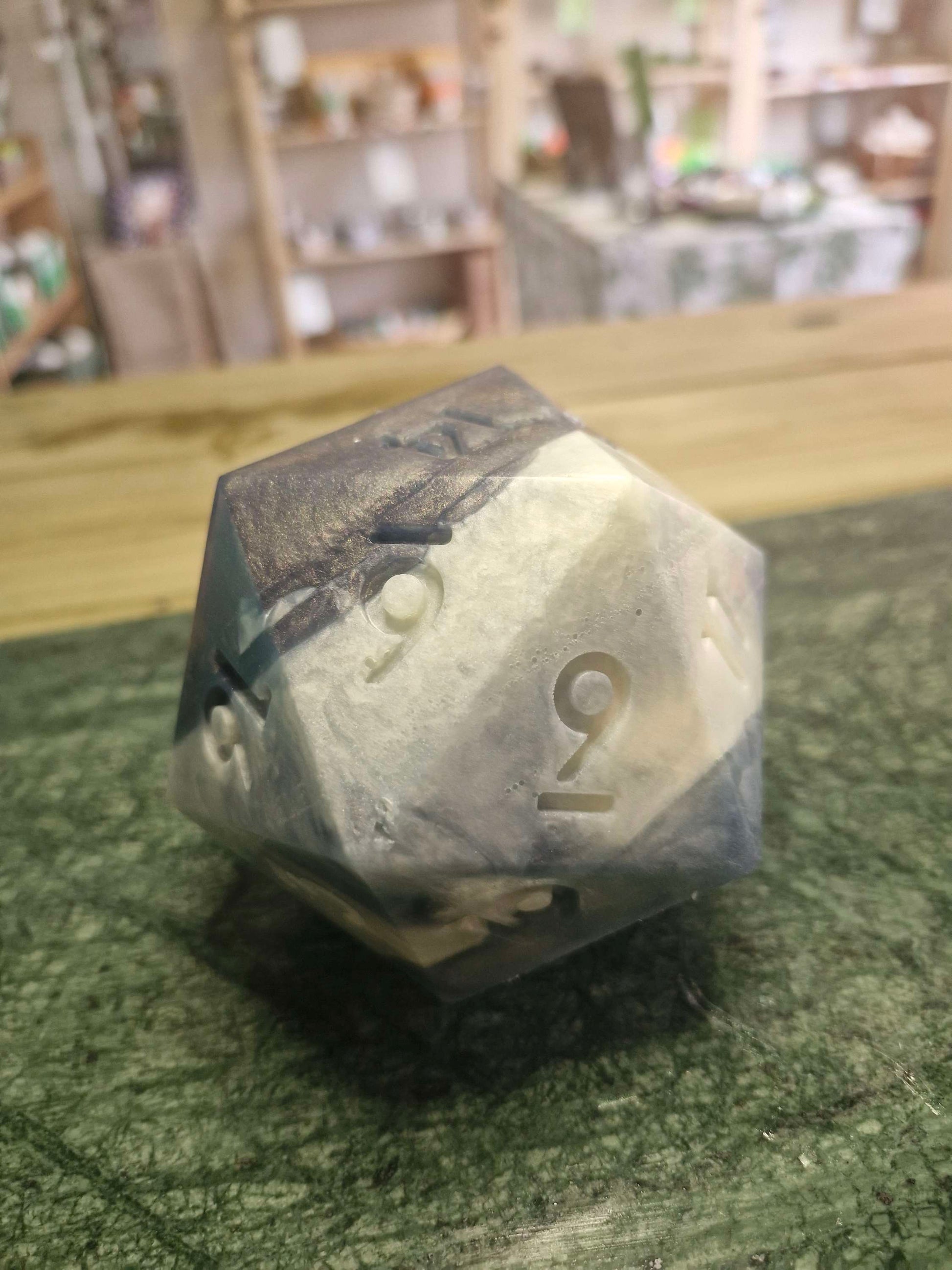 Handcrafted Natural D20 Dice Soap orange dungeons and dragons gift idea dice set with 7 piece dice set for gamers, nerds, table top gamer fans, RPG dice gift idea grey and white marble dice effect