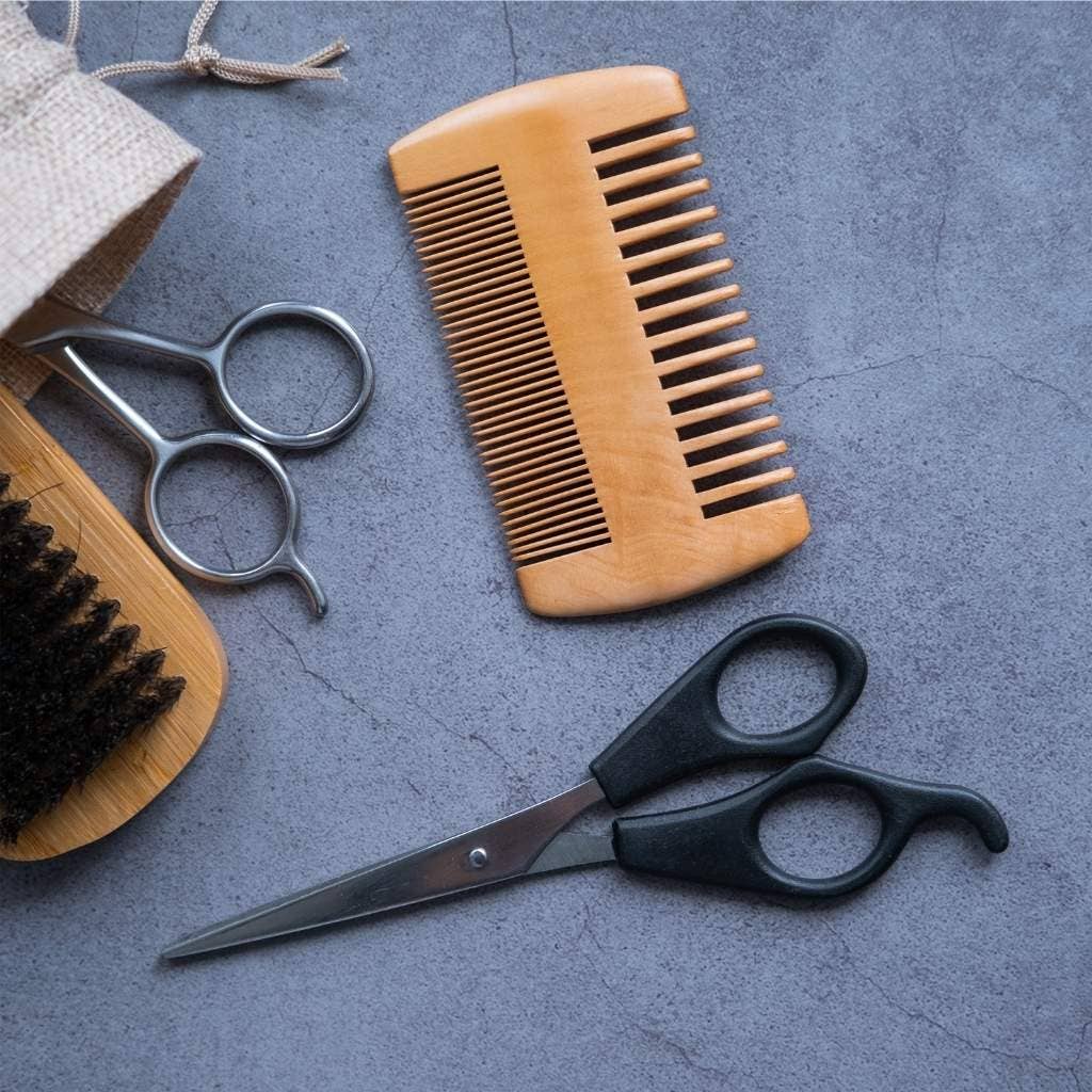 Natural Wooden Beard Comb in Faux Leather Pouch